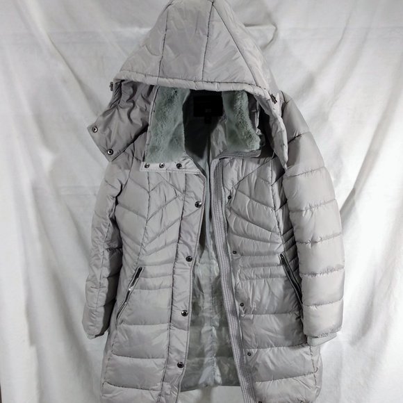 London Fog Faux Fur Collar Long Puffer Coat-Pearl Grey-M-New without Tags - Picture 2 of 3